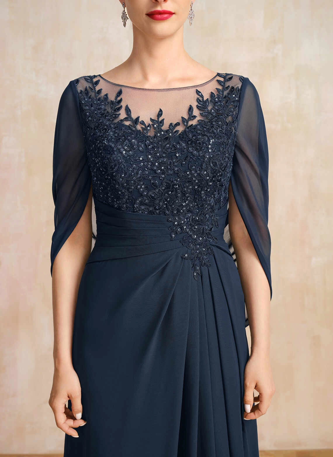 Elegant A‑Line Illusion Neck Cape Sleeve Floor‑Length Mother Of The Bride Dress