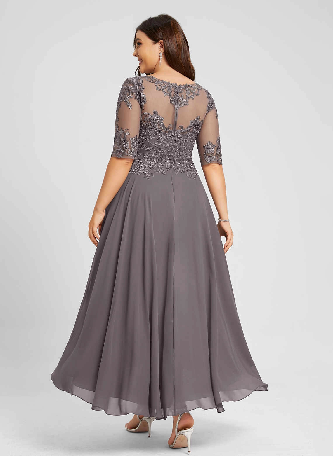 Romantic A‑Line Illusion Neck Elbow‑Sleeve Hi‑Lo Mother Of The Bride Dress