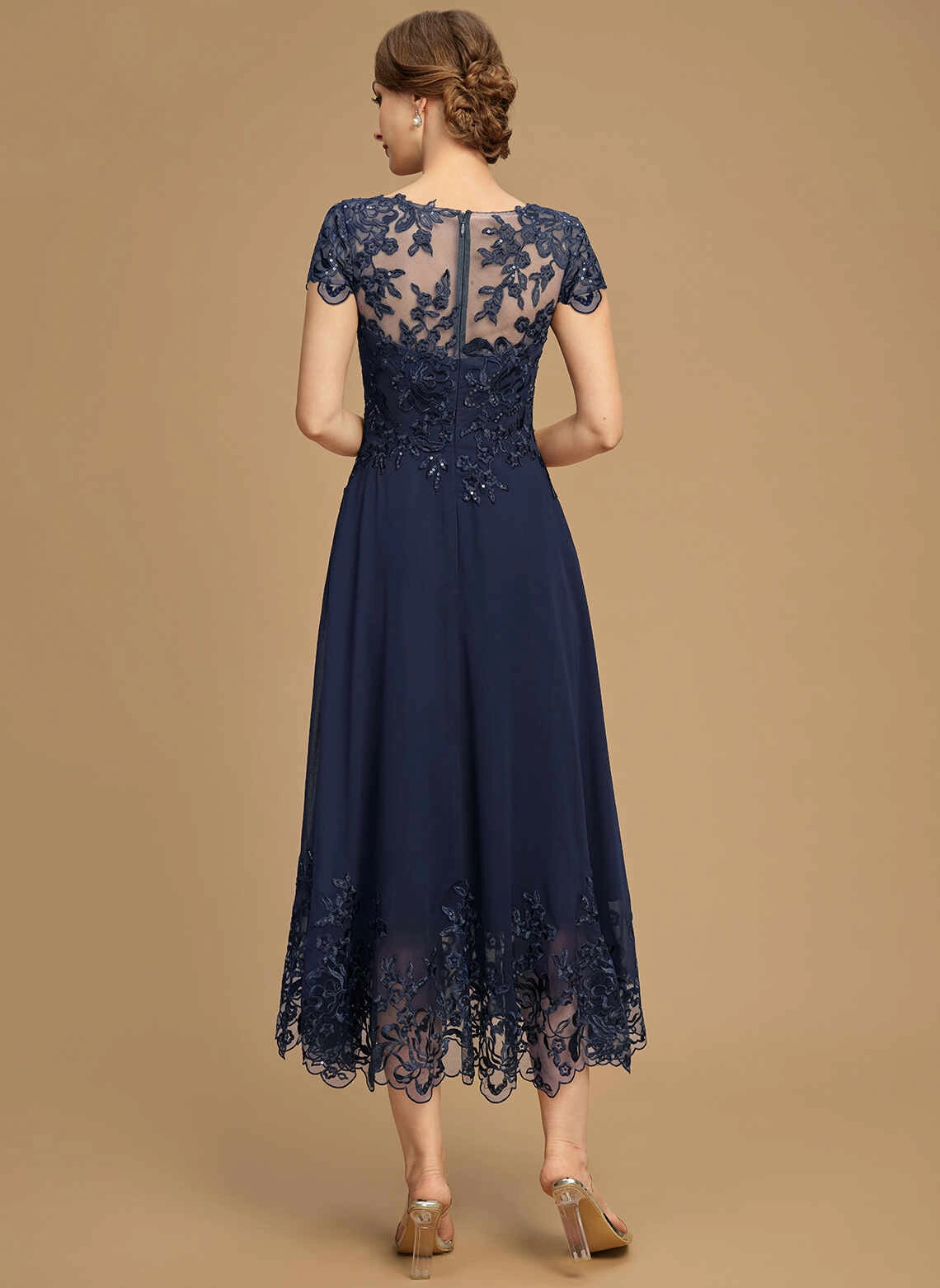 Vedress Sheer Lace Zipper Back Tea‑Length Evening Gown Back View