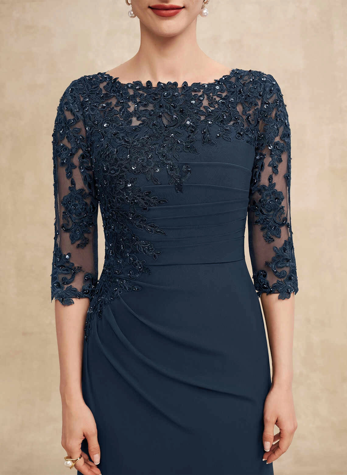 Elegant Sheath Boat Neck Lace Half Sleeve Zipper Back Long Mother Of The Bride Dress