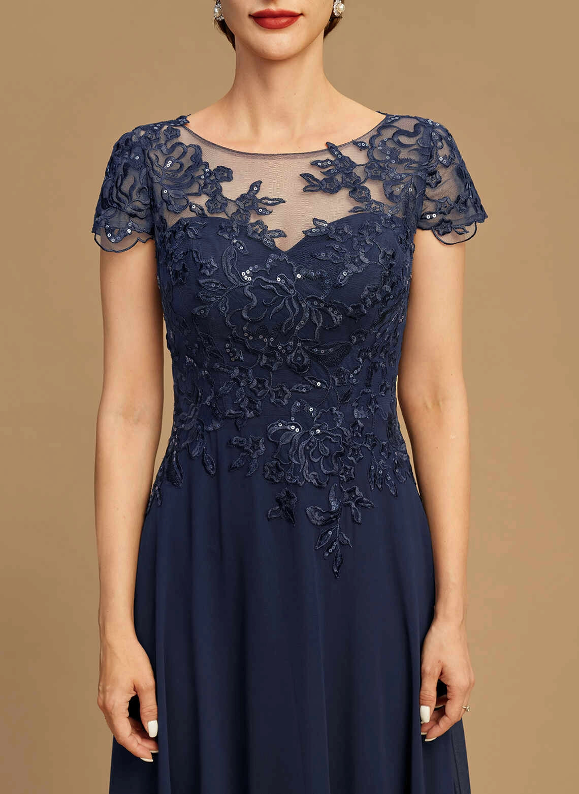 Classic A‑Line Illusion Neck Cap Sleeve Zipper Back Midi Mother Of The Bride Dress