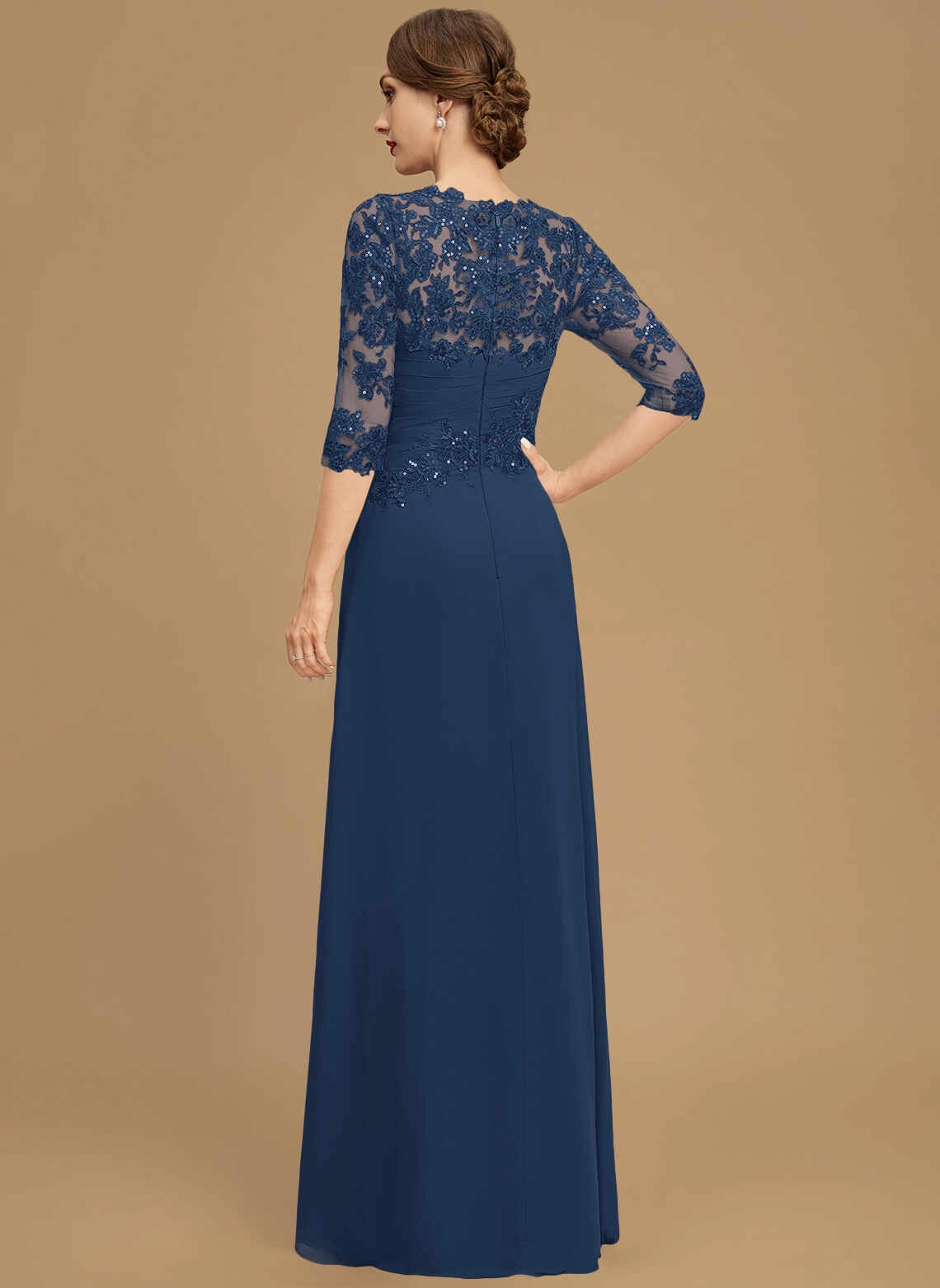Classic A‑Line Round Neck 3/4 Sleeve Zipper Back Floor‑Length Mother Of The Bride Dress