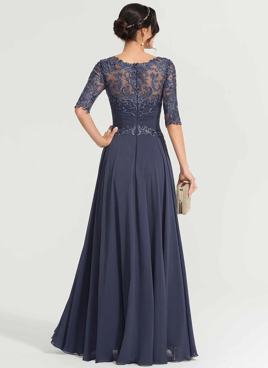 Modest A‑Line Illusion Neck Half Sleeve Zipper Back Long Mother Of The Bride Dress