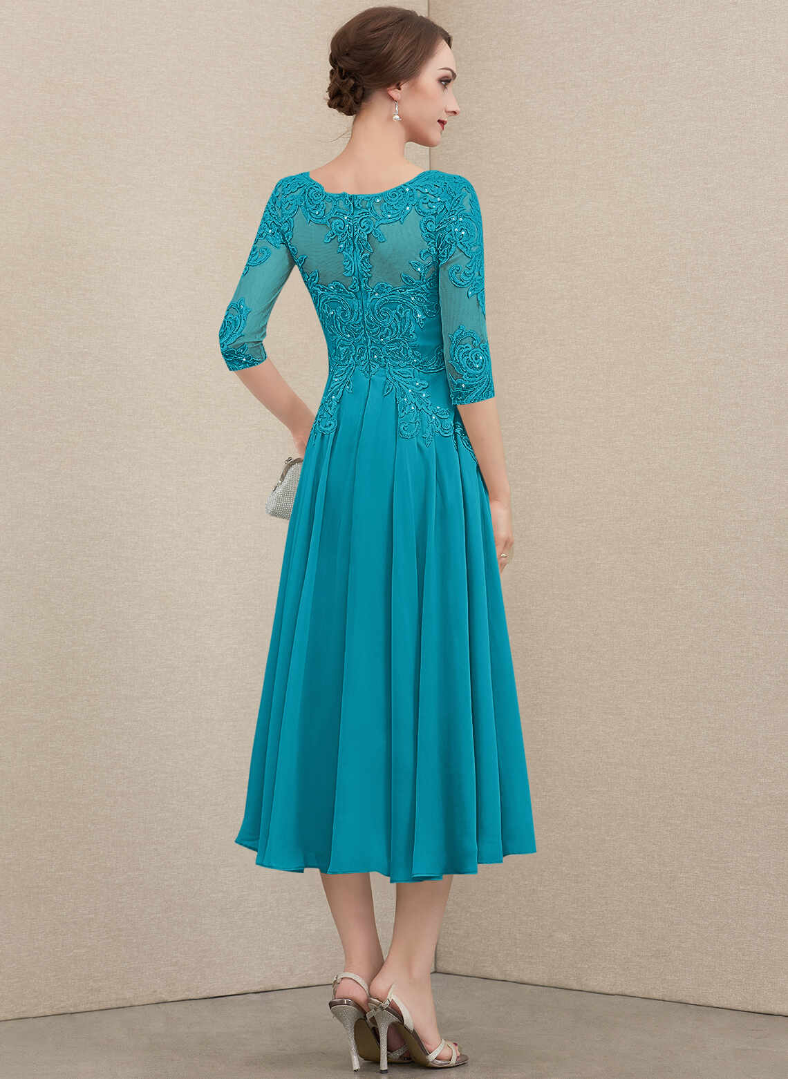 Vedress Sheer Lace Back Zipper Midi Evening Gown Back View