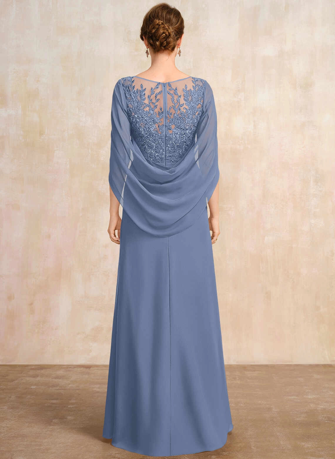 Elegant A‑Line Illusion Neck Cape Sleeve Floor‑Length Mother Of The Bride Dress