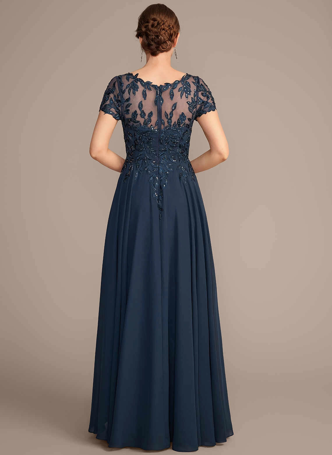 Elegant A‑Line Bateau Short Sleeve Illusion Back Long Mother Of The Bride Dress