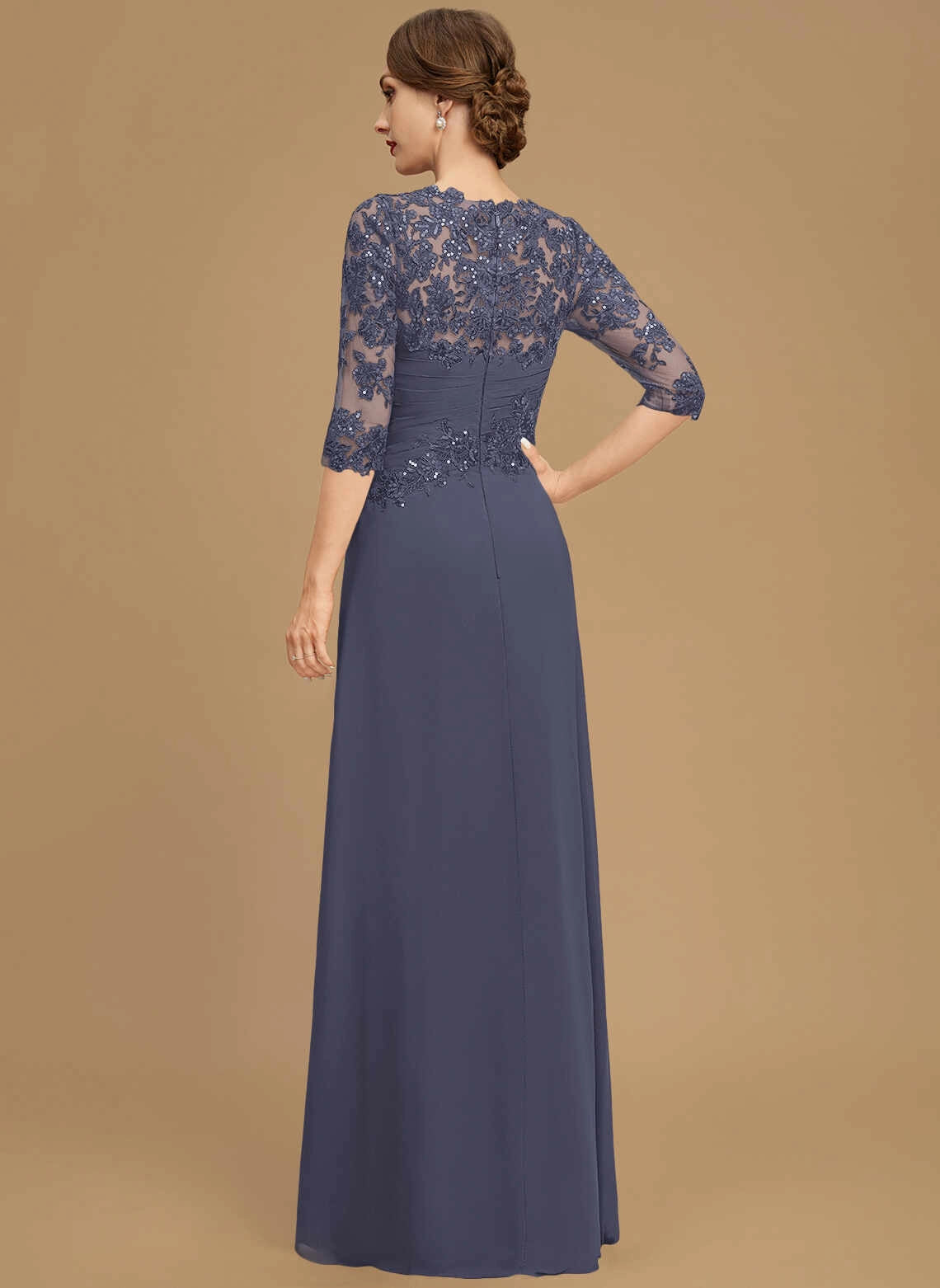 Classic A‑Line Round Neck 3/4 Sleeve Zipper Back Floor‑Length Mother Of The Bride Dress