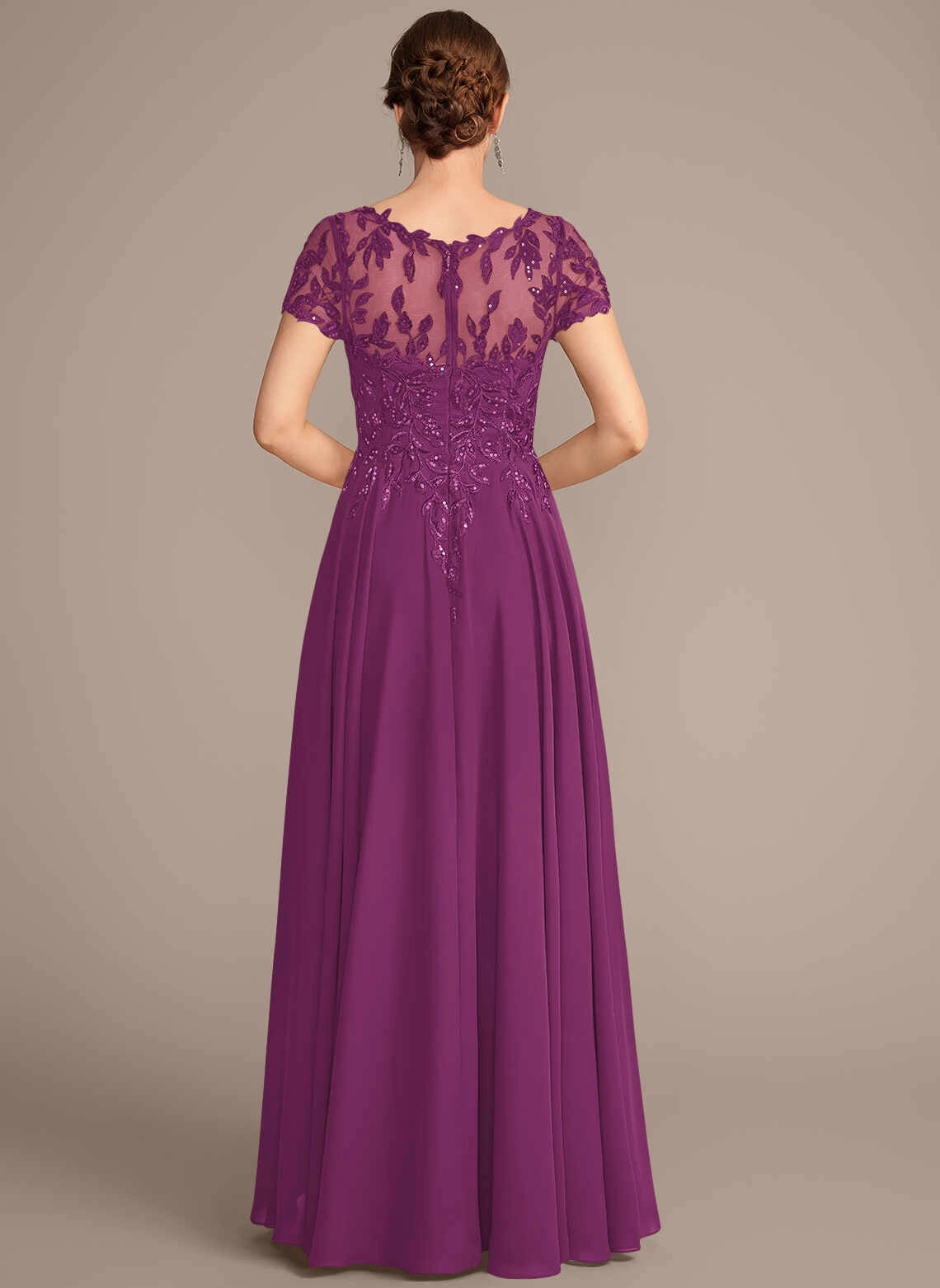 Elegant A‑Line Bateau Short Sleeve Illusion Back Long Mother Of The Bride Dress
