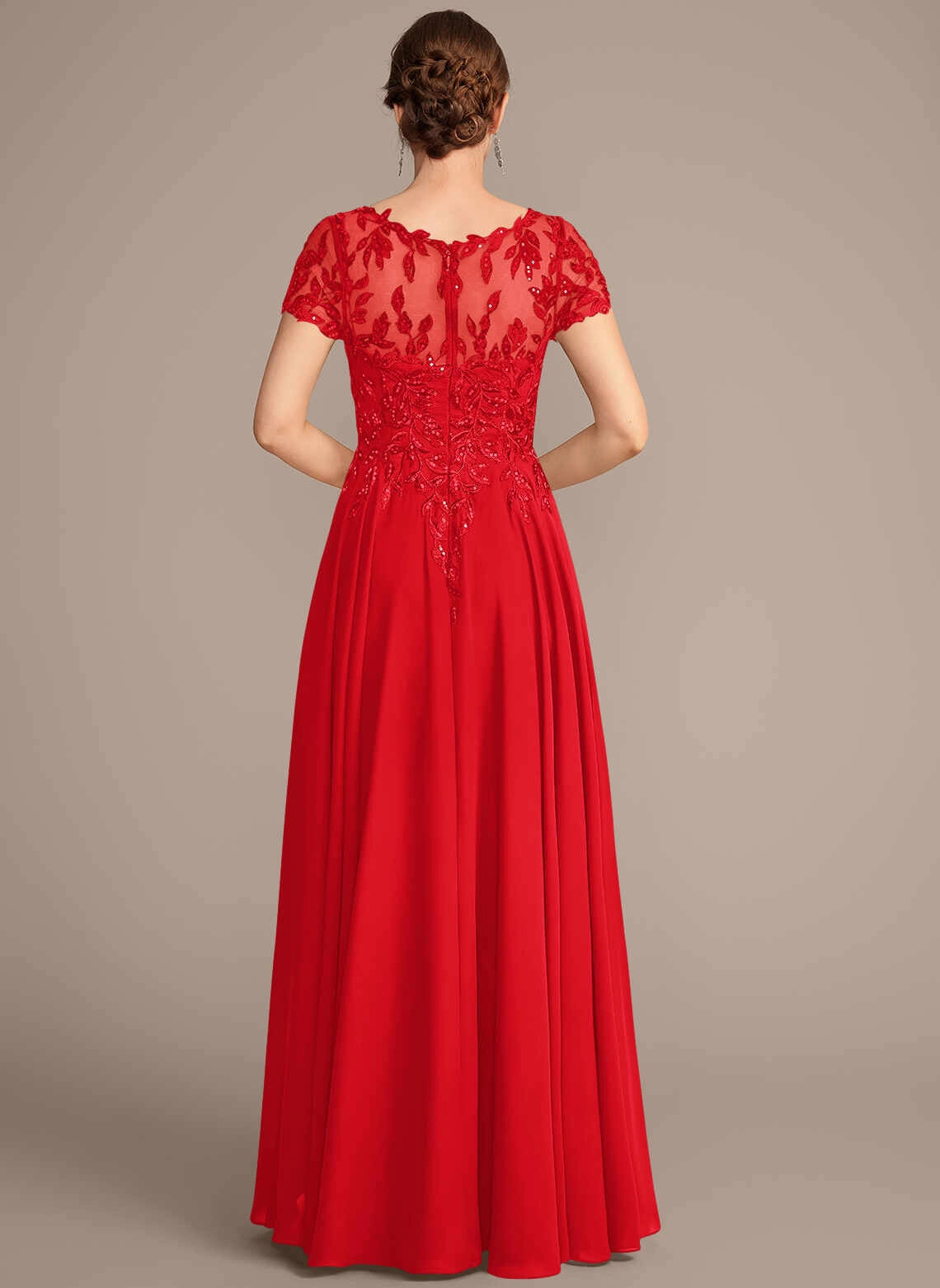 Elegant A‑Line Bateau Short Sleeve Illusion Back Long Mother Of The Bride Dress