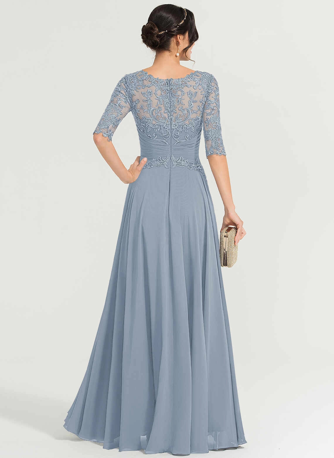 Modest A‑Line Illusion Neck Half Sleeve Zipper Back Long Mother Of The Bride Dress