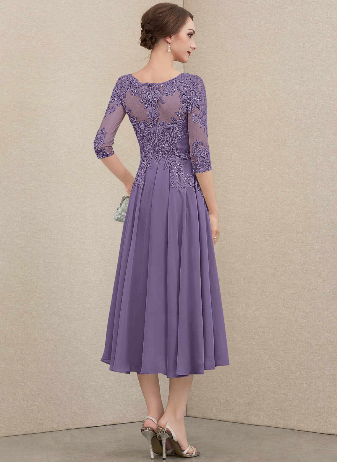 Chic A‑Line Illusion Neck Lace 3/4 Sleeve Zipper Back Midi Mother Of The Bride Dress