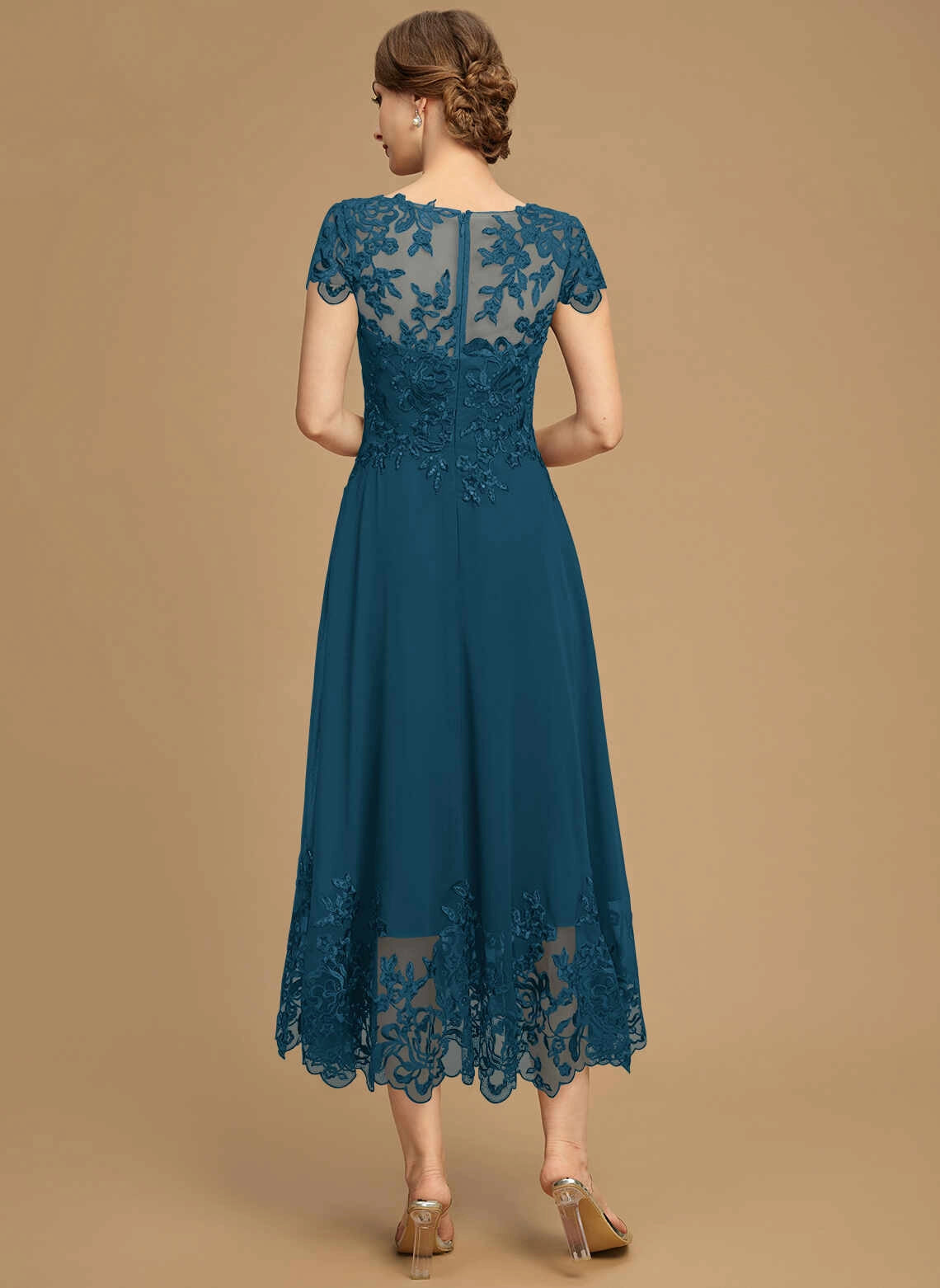 Classic A‑Line Illusion Neck Cap Sleeve Zipper Back Midi Mother Of The Bride Dress