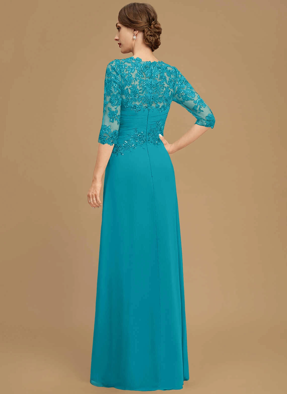 Classic A‑Line Round Neck 3/4 Sleeve Zipper Back Floor‑Length Mother Of The Bride Dress