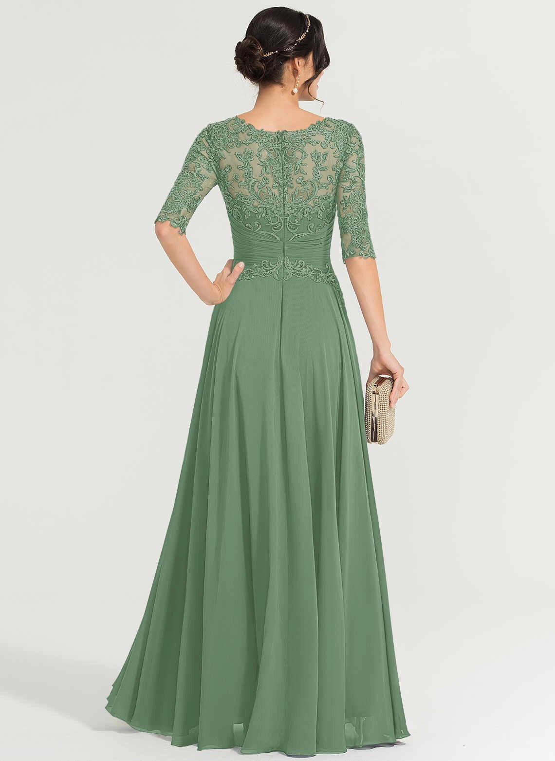 Modest A‑Line Illusion Neck Half Sleeve Zipper Back Long Mother Of The Bride Dress