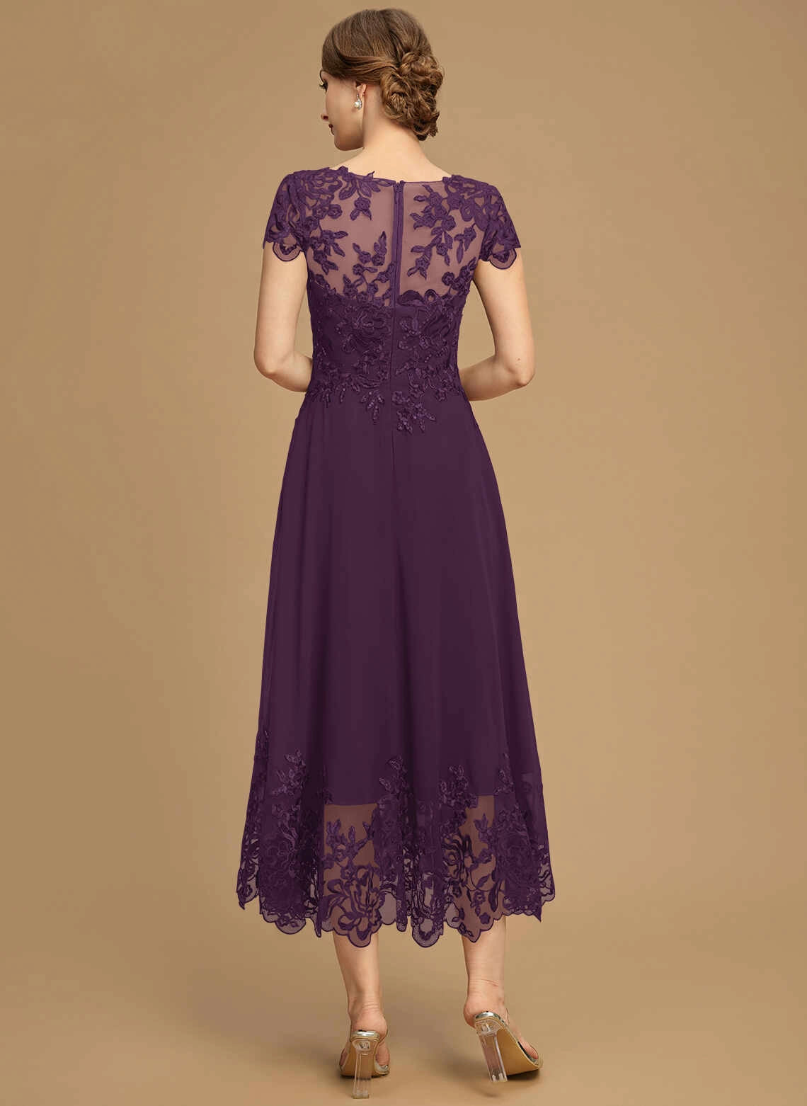 Classic A‑Line Illusion Neck Cap Sleeve Zipper Back Midi Mother Of The Bride Dress
