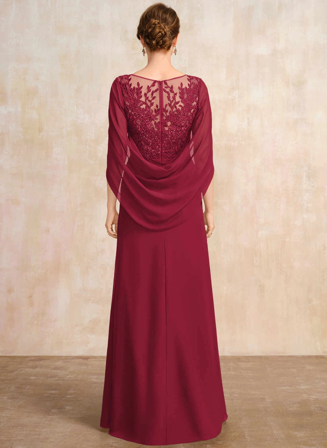 Elegant A‑Line Illusion Neck Cape Sleeve Floor‑Length Mother Of The Bride Dress