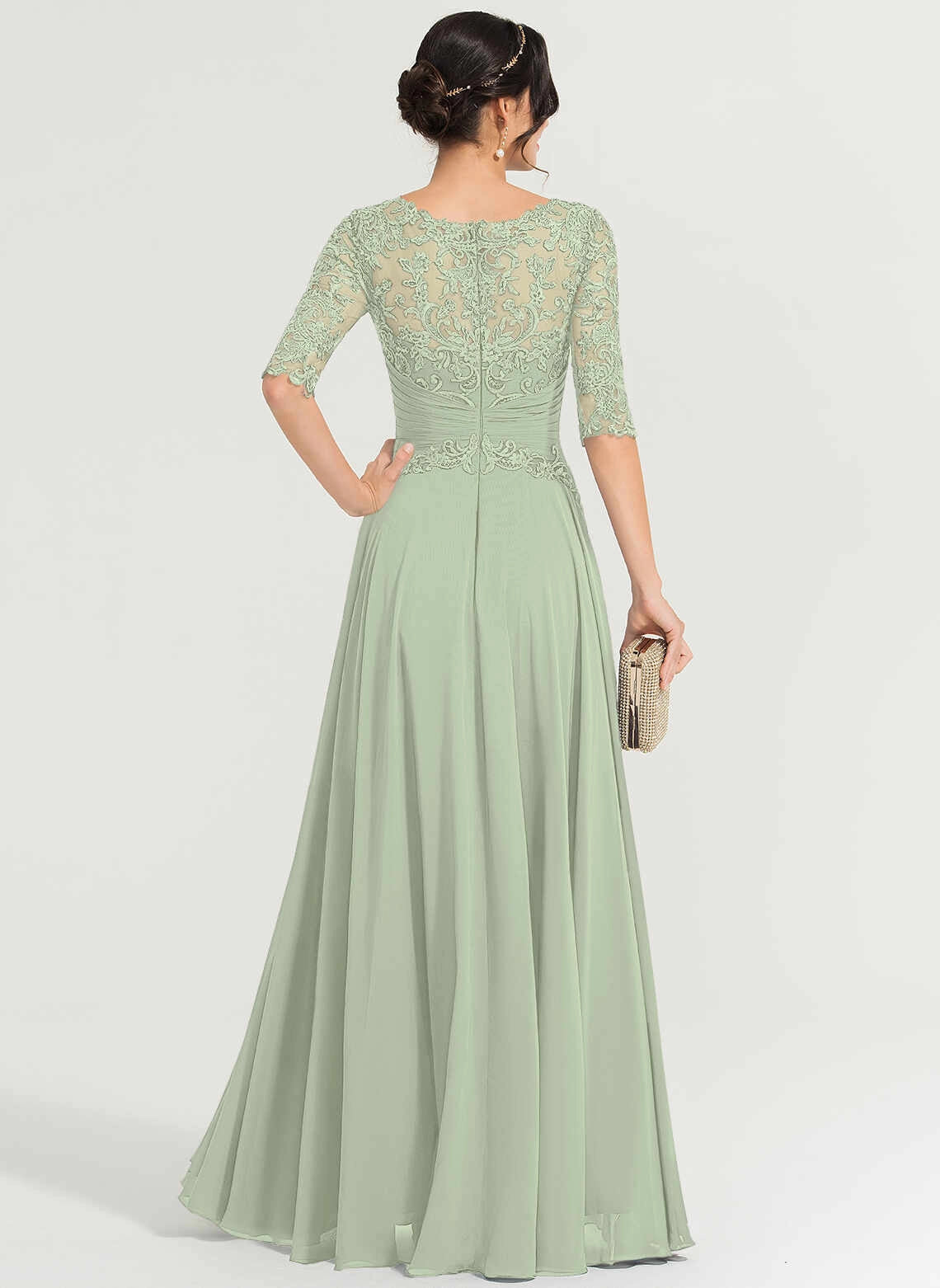 Modest A‑Line Illusion Neck Half Sleeve Zipper Back Long Mother Of The Bride Dress