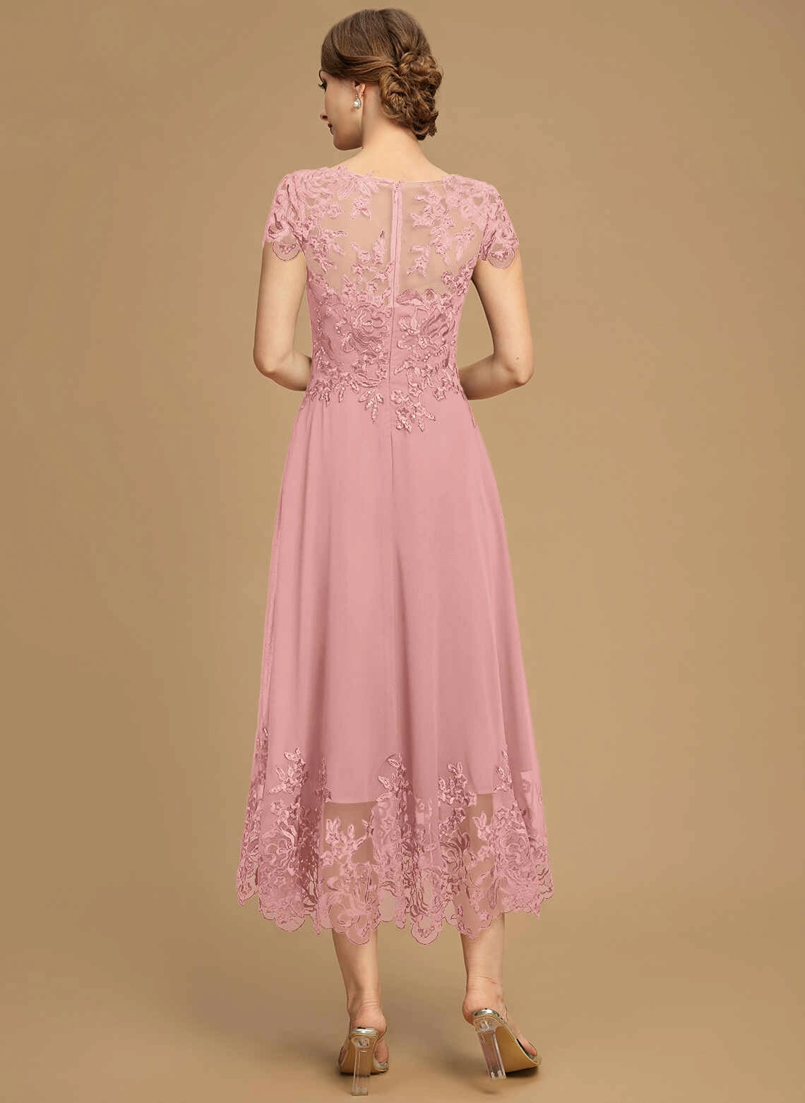 Classic A‑Line Illusion Neck Cap Sleeve Zipper Back Midi Mother Of The Bride Dress