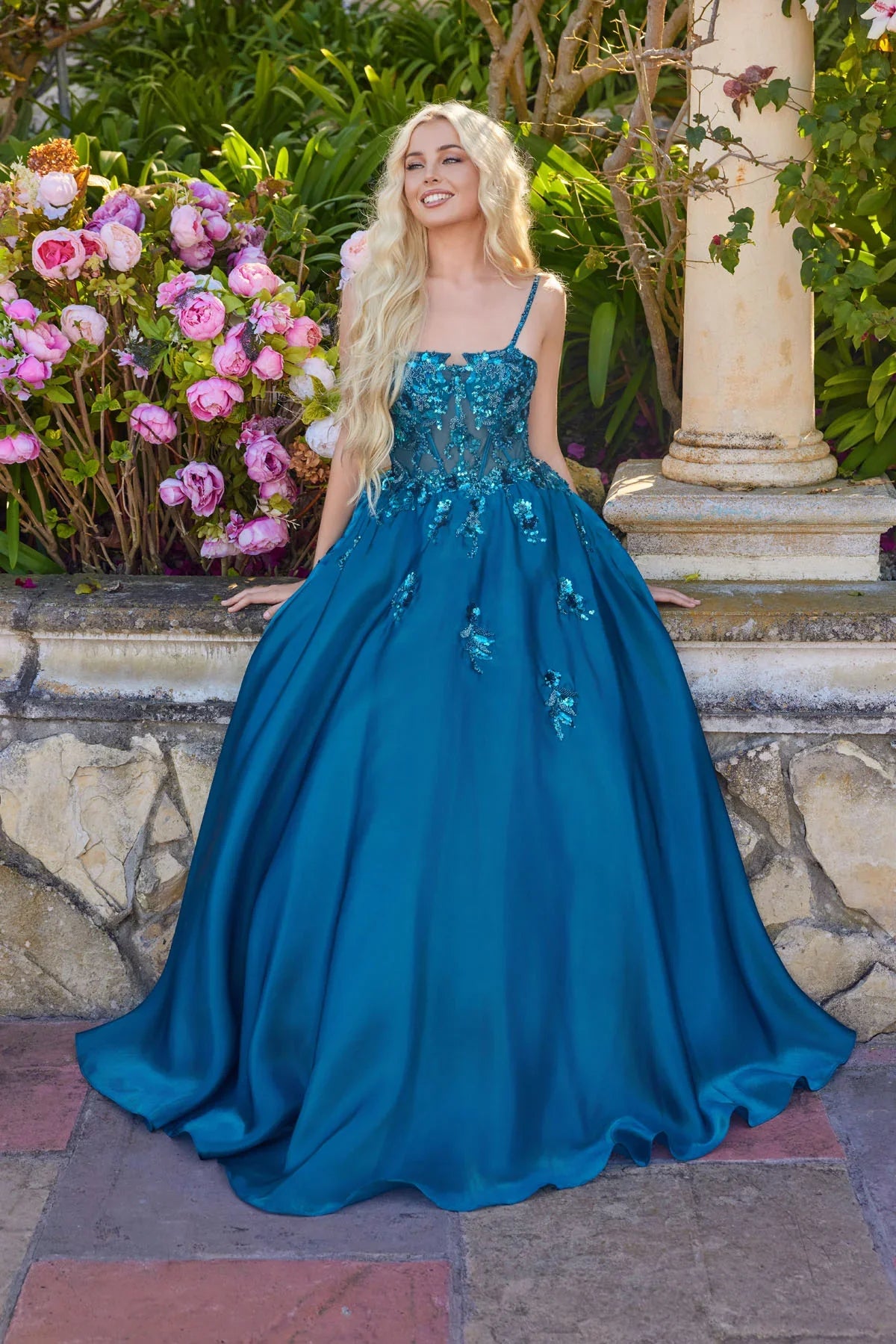 A-line Spaghetti Strap Sequin Floral Embellished Ball Gown Satin Prom Dress with Sheer Corset Bodice