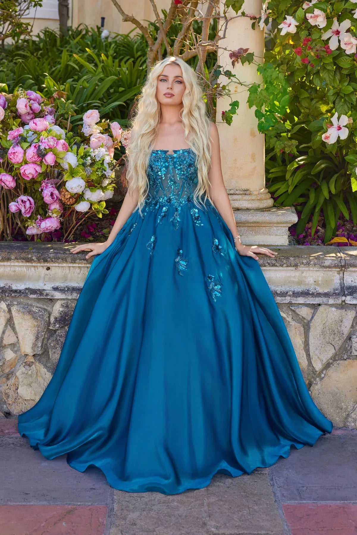 A-line Spaghetti Strap Sequin Floral Embellished Ball Gown Satin Prom Dress with Sheer Corset Bodice