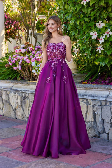 A-line Spaghetti Strap Sequin Floral Embellished Ball Gown Satin Prom Dress with Sheer Corset Bodice