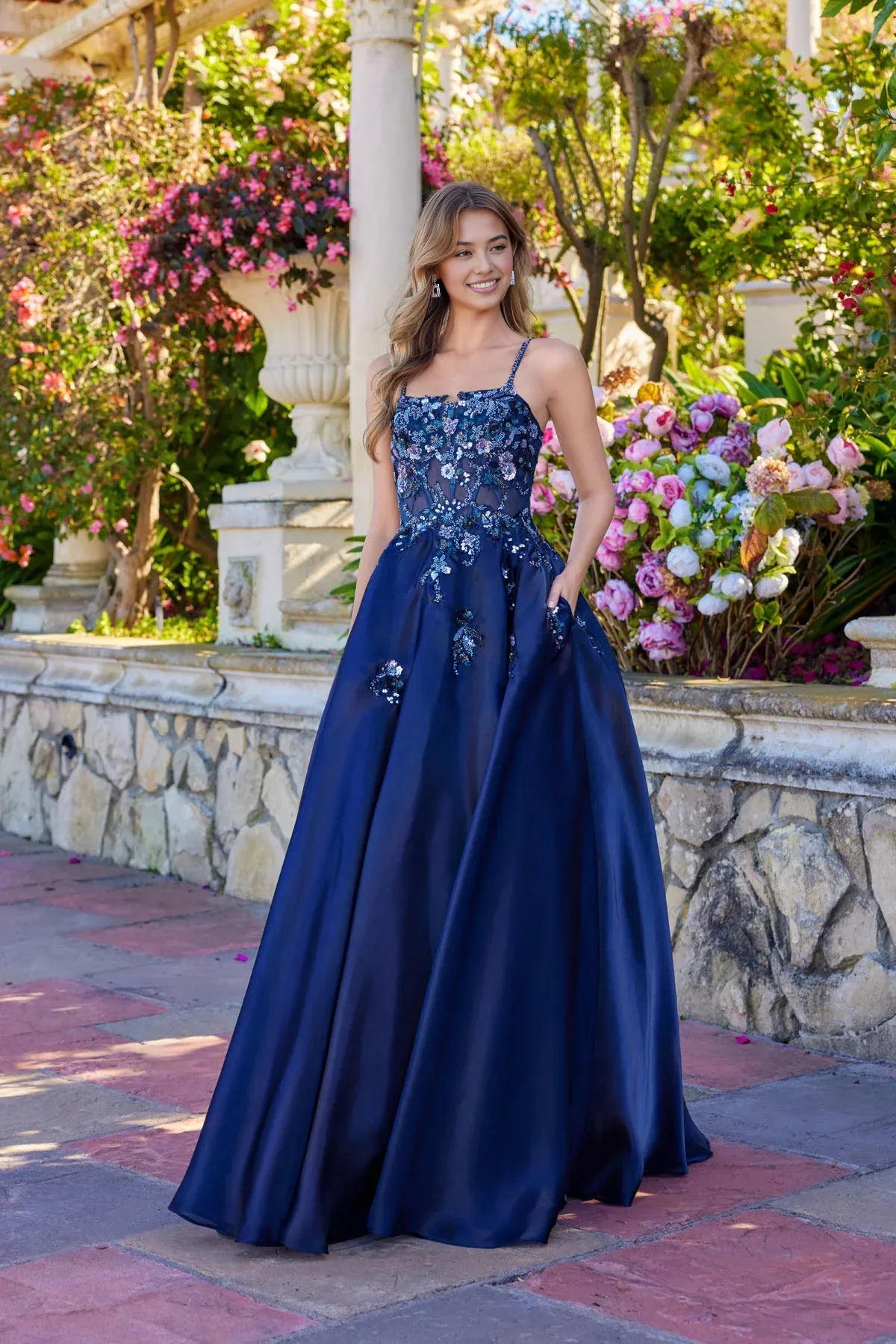 A-line Spaghetti Strap Sequin Floral Embellished Ball Gown Satin Prom Dress with Sheer Corset Bodice