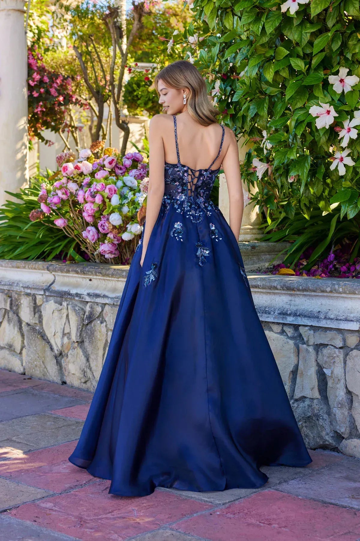 A-line Spaghetti Strap Sequin Floral Embellished Ball Gown Satin Prom Dress with Sheer Corset Bodice