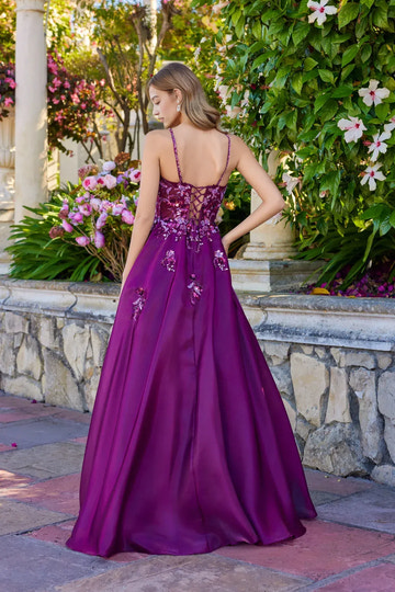 A-line Spaghetti Strap Sequin Floral Embellished Ball Gown Satin Prom Dress with Sheer Corset Bodice