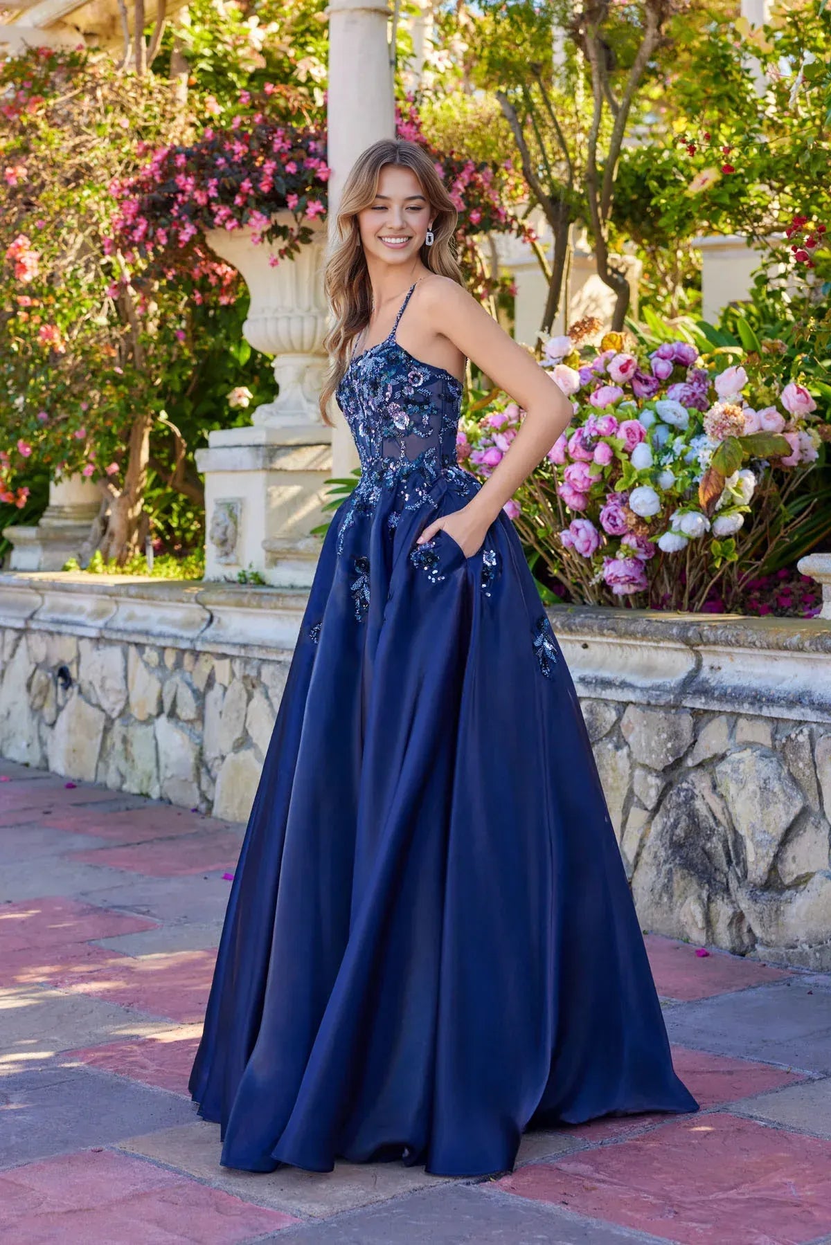 A-line Spaghetti Strap Sequin Floral Embellished Ball Gown Satin Prom Dress with Sheer Corset Bodice