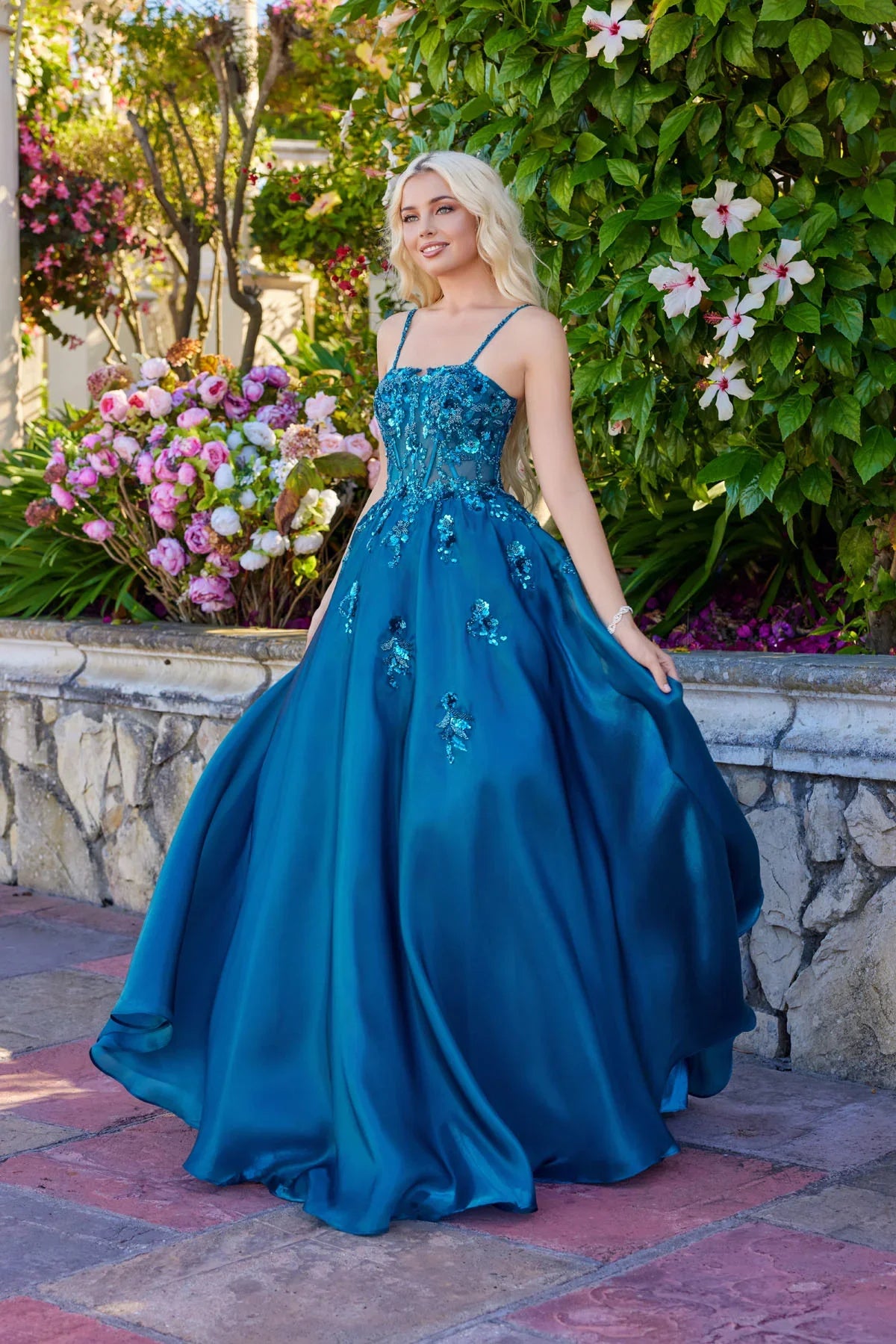 A-line Spaghetti Strap Sequin Floral Embellished Ball Gown Satin Prom Dress with Sheer Corset Bodice