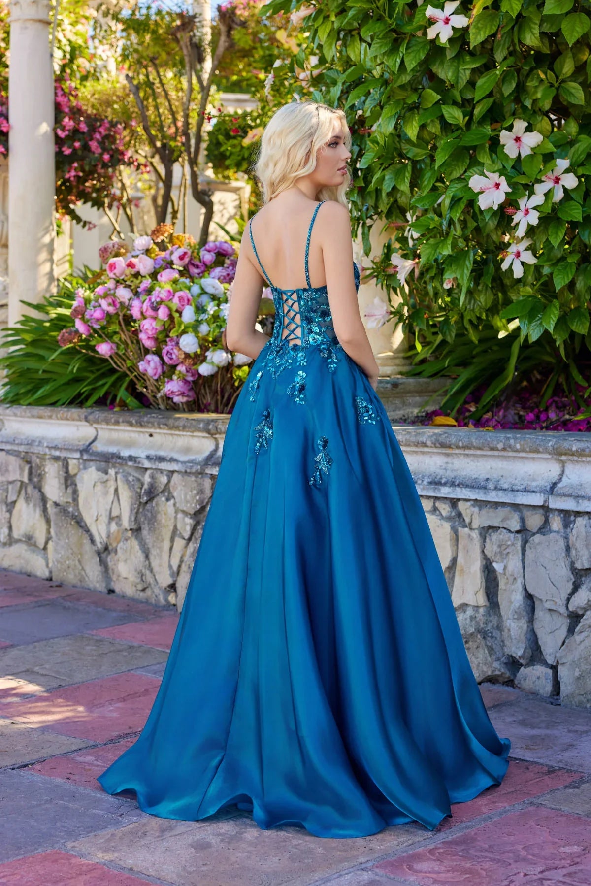A-line Spaghetti Strap Sequin Floral Embellished Ball Gown Satin Prom Dress with Sheer Corset Bodice