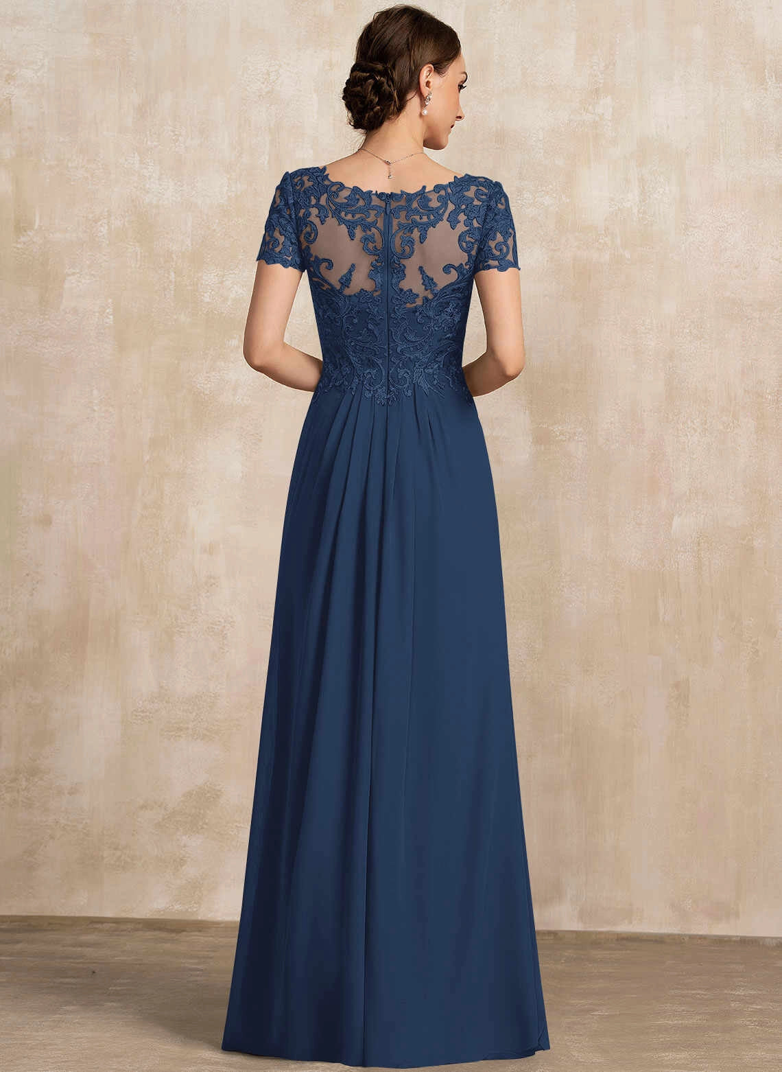 Elegant A‑Line V‑Neck Short‑Sleeve Illusion‑Back Floor‑Length Mother Of The Bride Dress