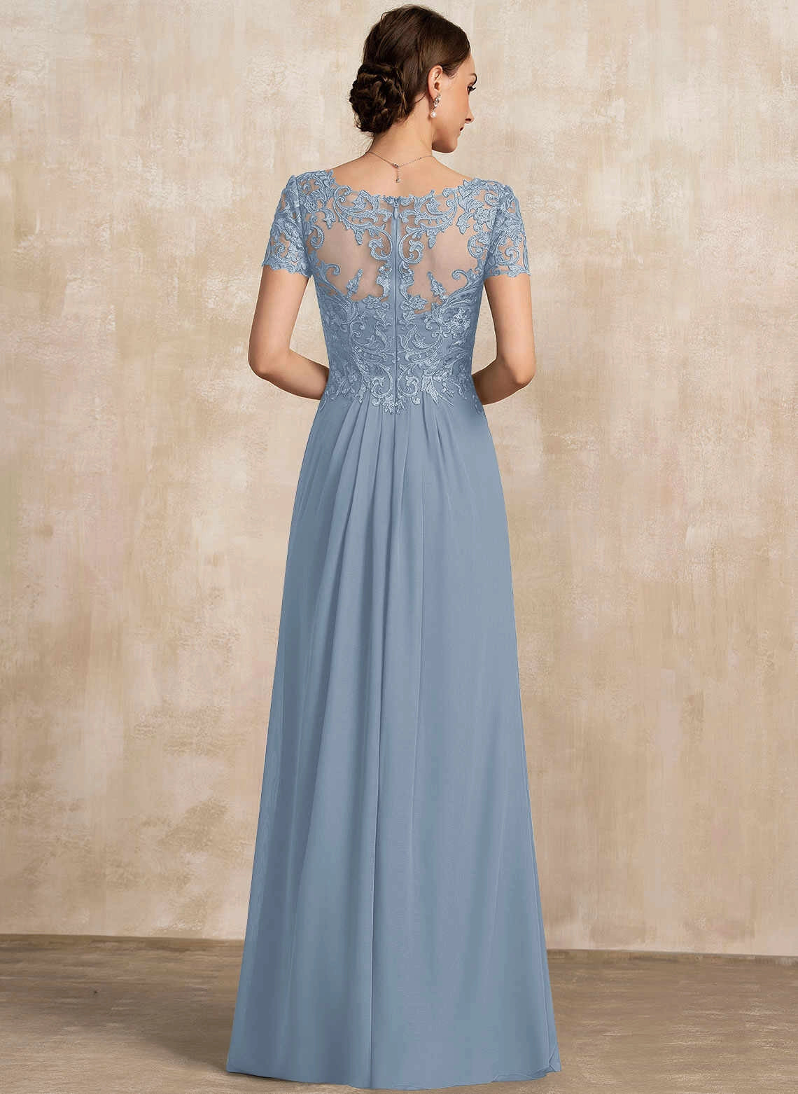 Elegant A‑Line V‑Neck Short‑Sleeve Illusion‑Back Floor‑Length Mother Of The Bride Dress