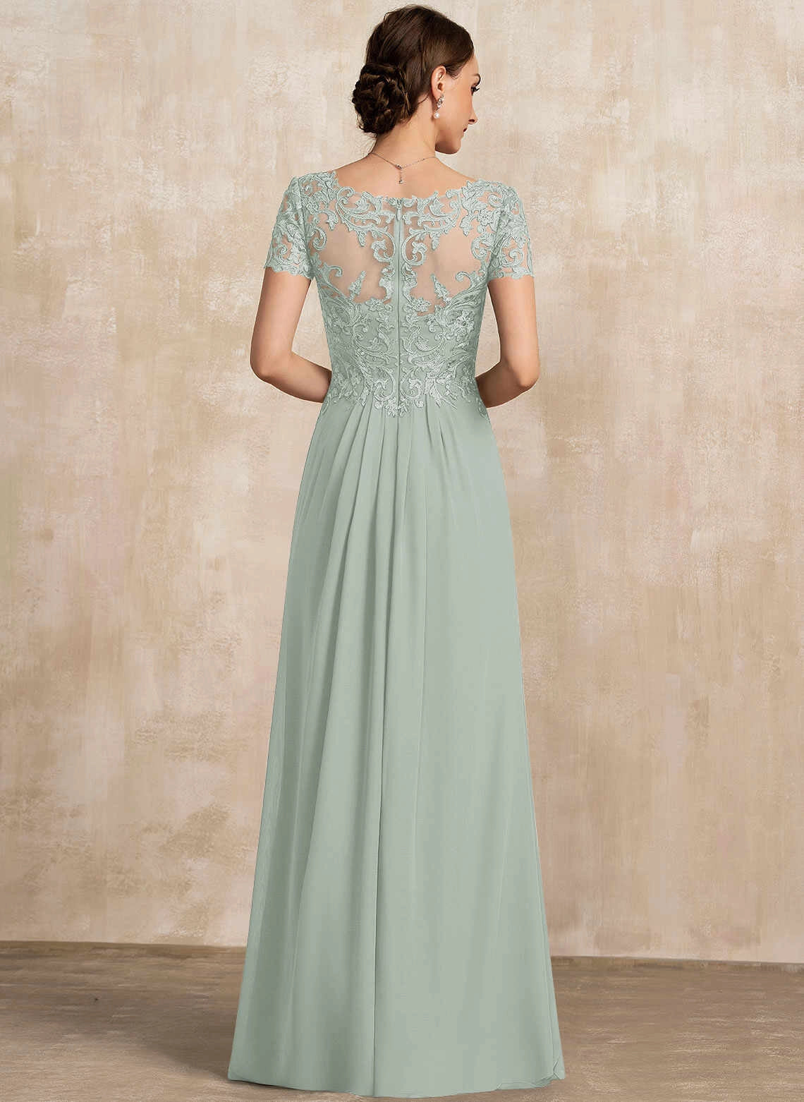 Elegant A‑Line V‑Neck Short‑Sleeve Illusion‑Back Floor‑Length Mother Of The Bride Dress