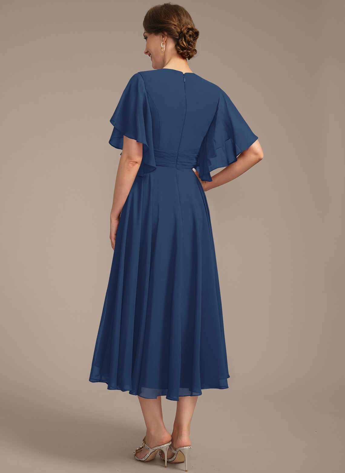 Modest A‑Line V‑Neck Flutter Sleeve Zipper Back Midi Mother Of The Bride Dress