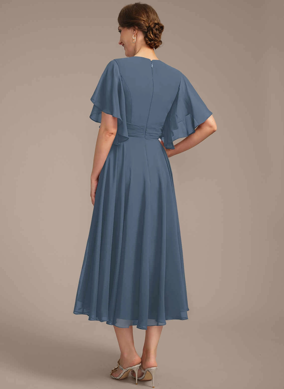Modest A‑Line V‑Neck Flutter Sleeve Zipper Back Midi Mother Of The Bride Dress