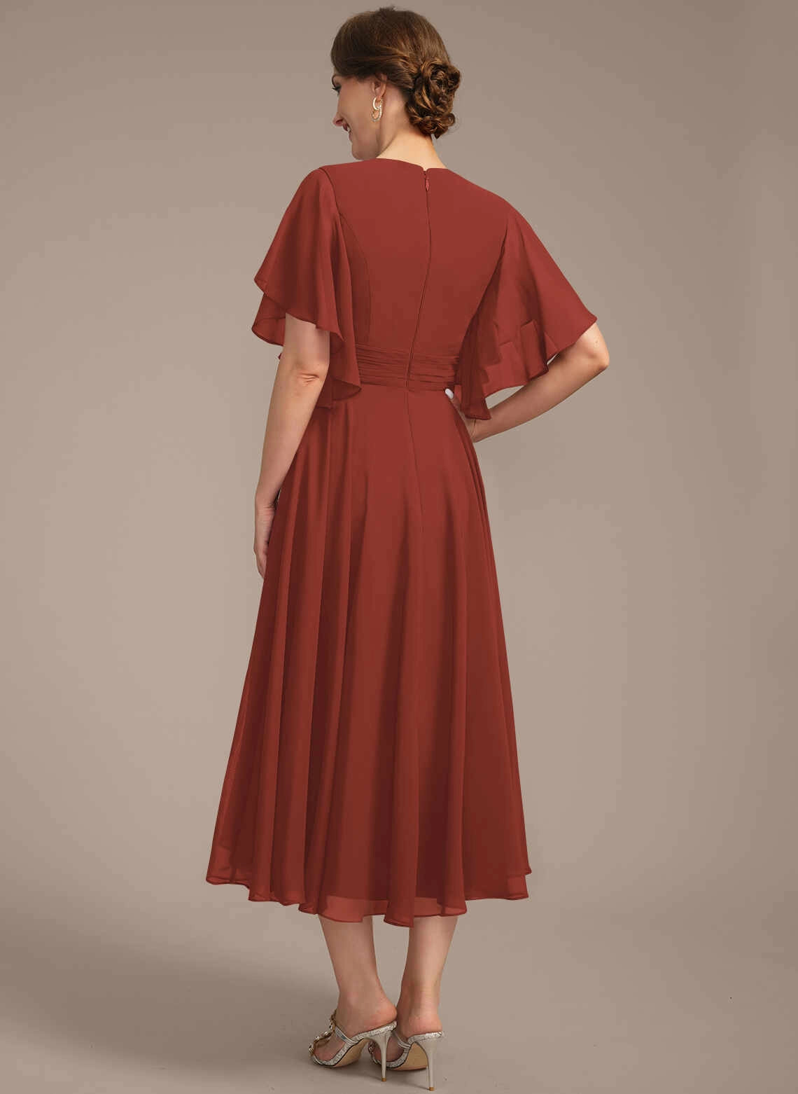 Modest A‑Line V‑Neck Flutter Sleeve Zipper Back Midi Mother Of The Bride Dress