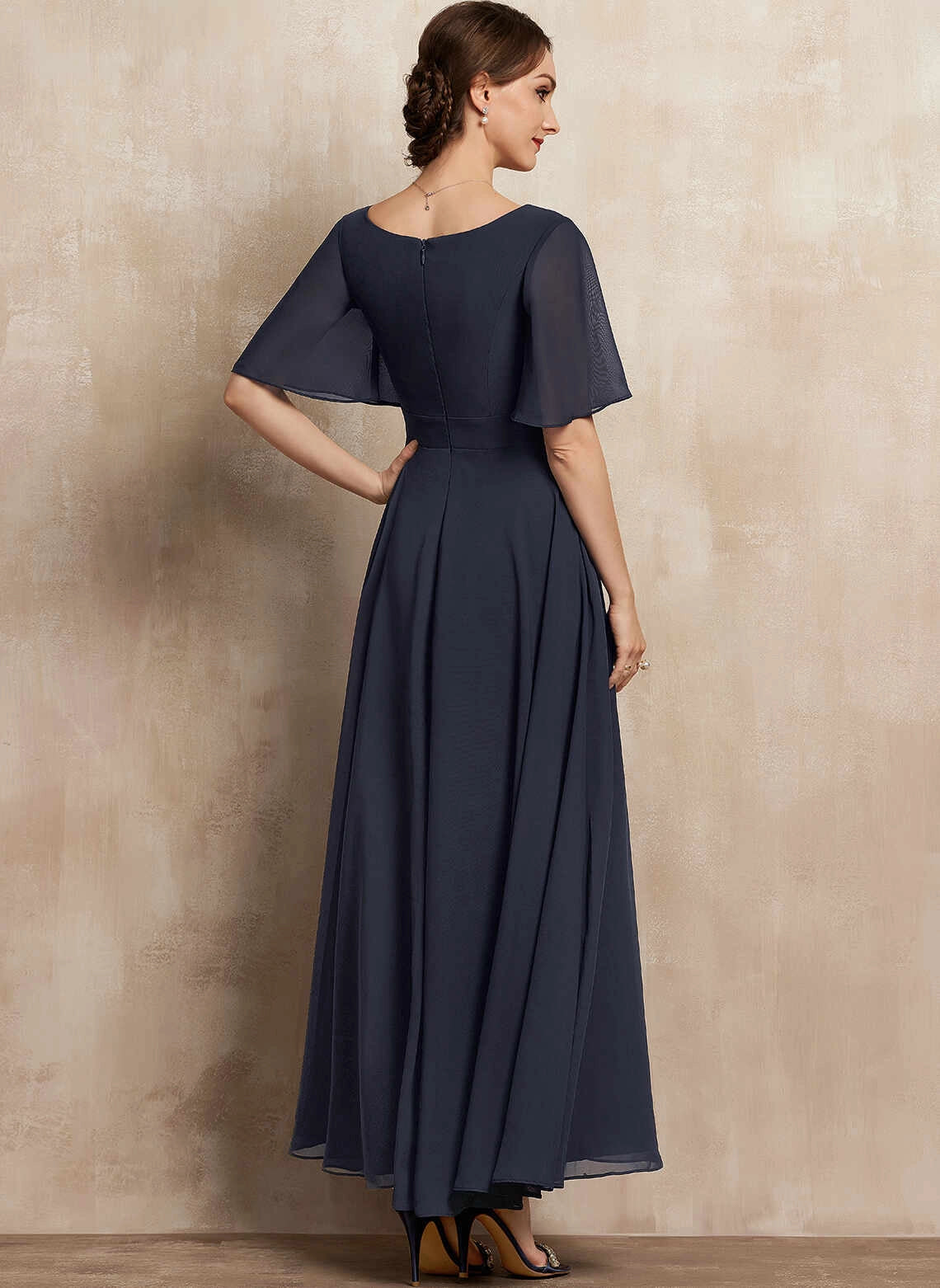 Vedress Solid Chiffon Zipper Back Long Evening Gown Back View