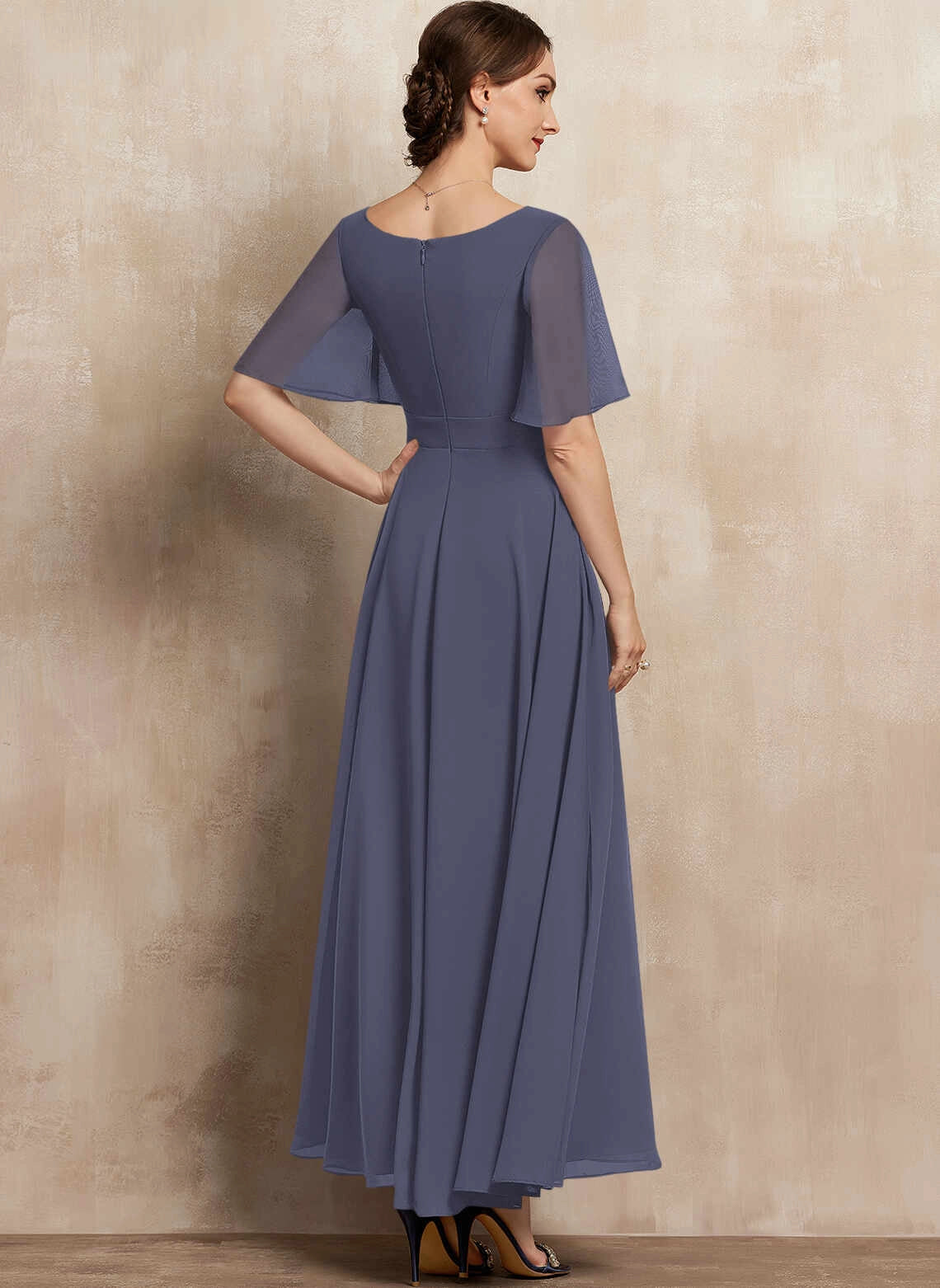 Classic A‑Line V‑Neck Flutter Sleeve Zipper Back Long Mother Of The Bride Dress
