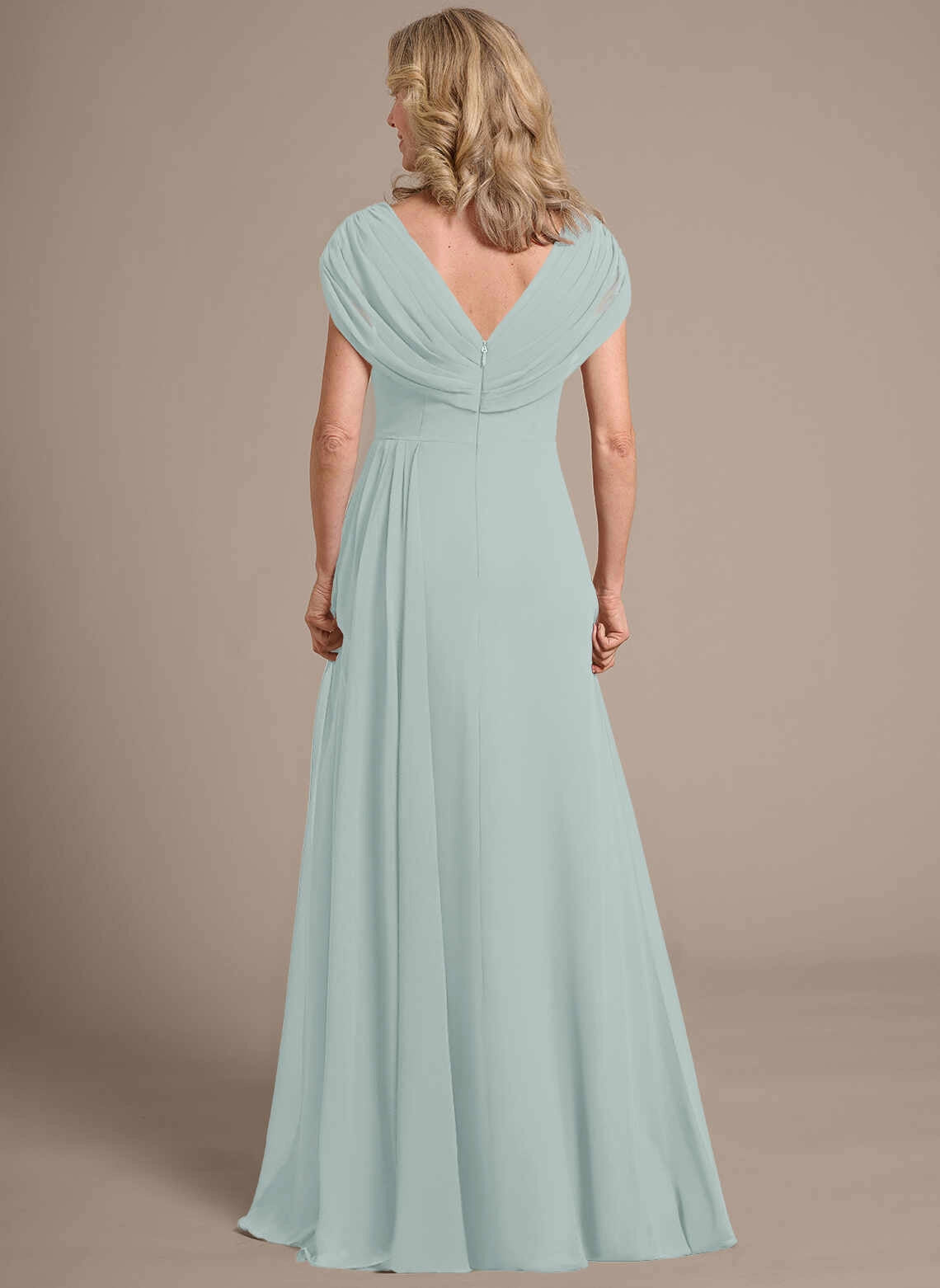 Classic A‑Line V‑Neck Cap Sleeve Zipper Back Floor‑Length Mother Of The Bride Dress