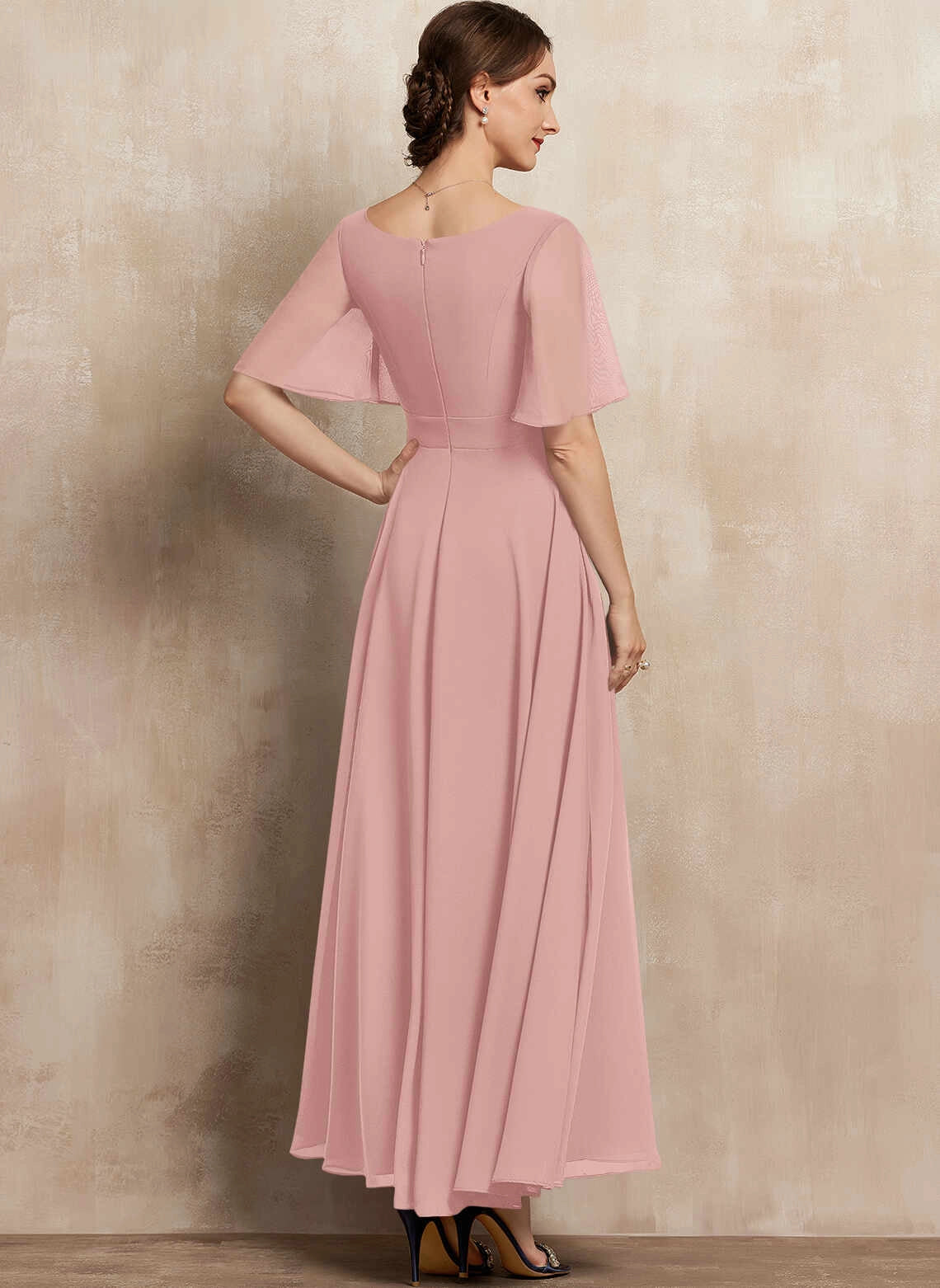 Classic A‑Line V‑Neck Flutter Sleeve Zipper Back Long Mother Of The Bride Dress