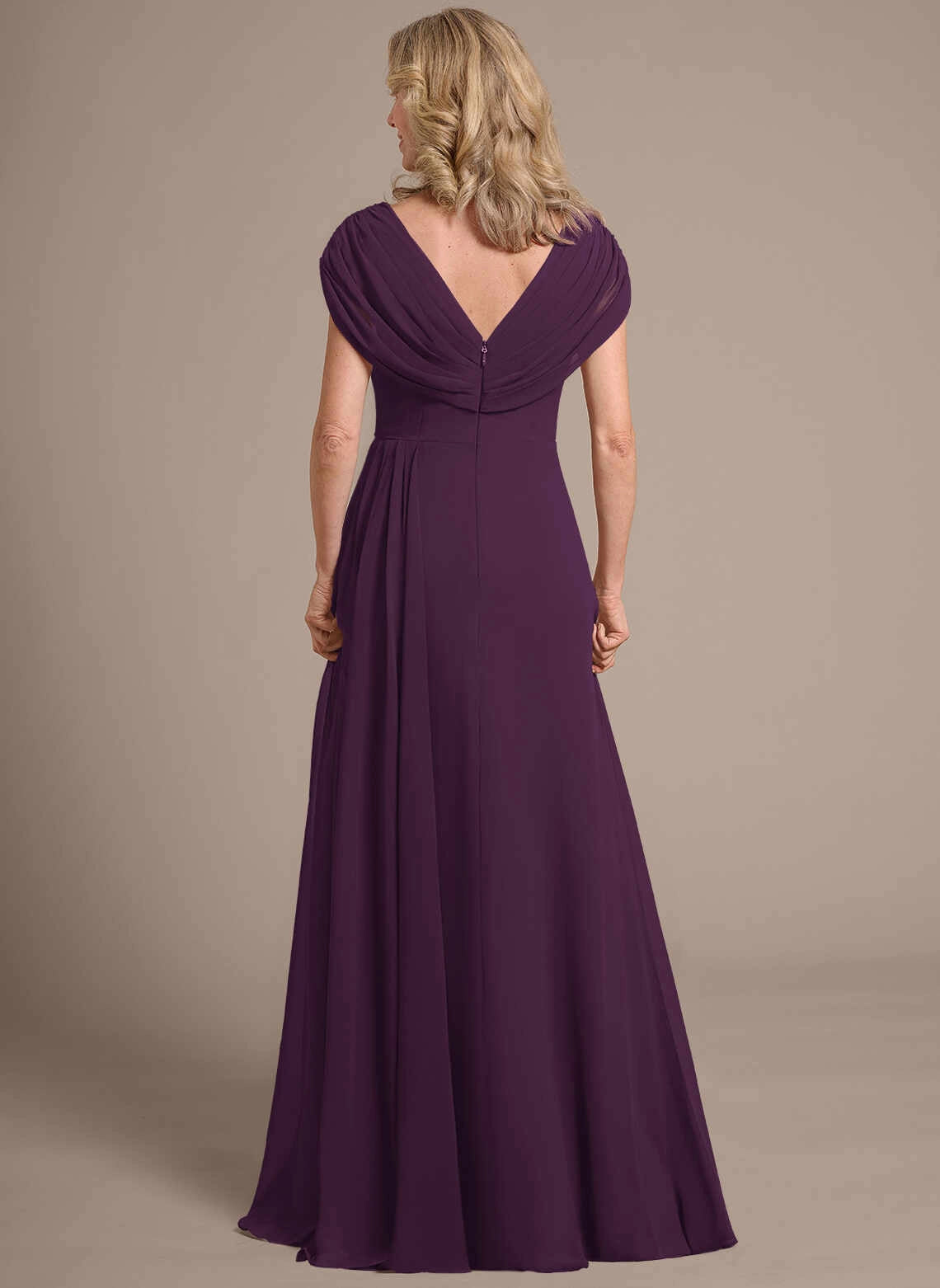 Classic A‑Line V‑Neck Cap Sleeve Zipper Back Floor‑Length Mother Of The Bride Dress