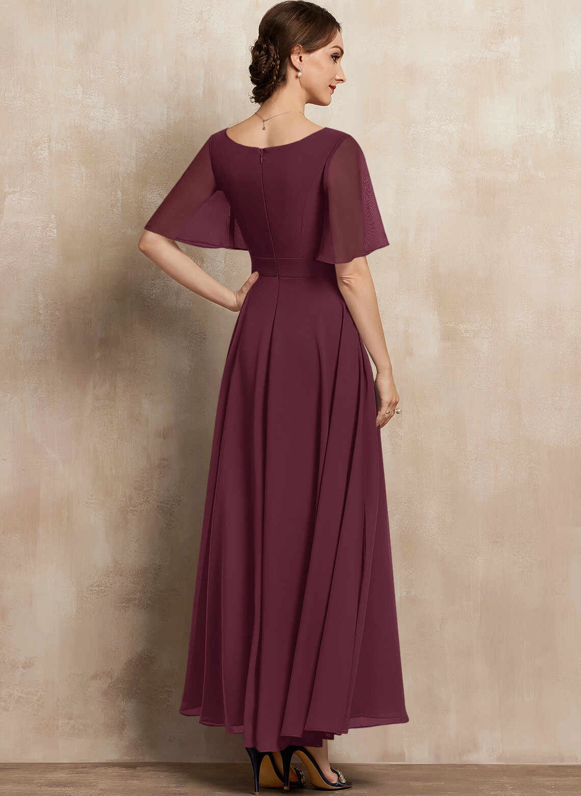 Classic A‑Line V‑Neck Flutter Sleeve Zipper Back Long Mother Of The Bride Dress