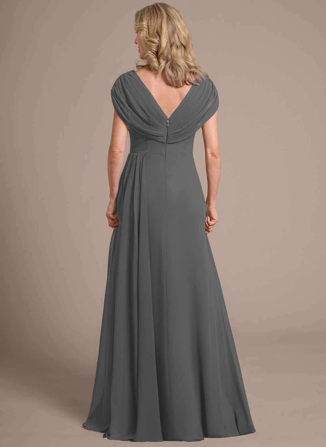 Classic A‑Line V‑Neck Cap Sleeve Zipper Back Floor‑Length Mother Of The Bride Dress