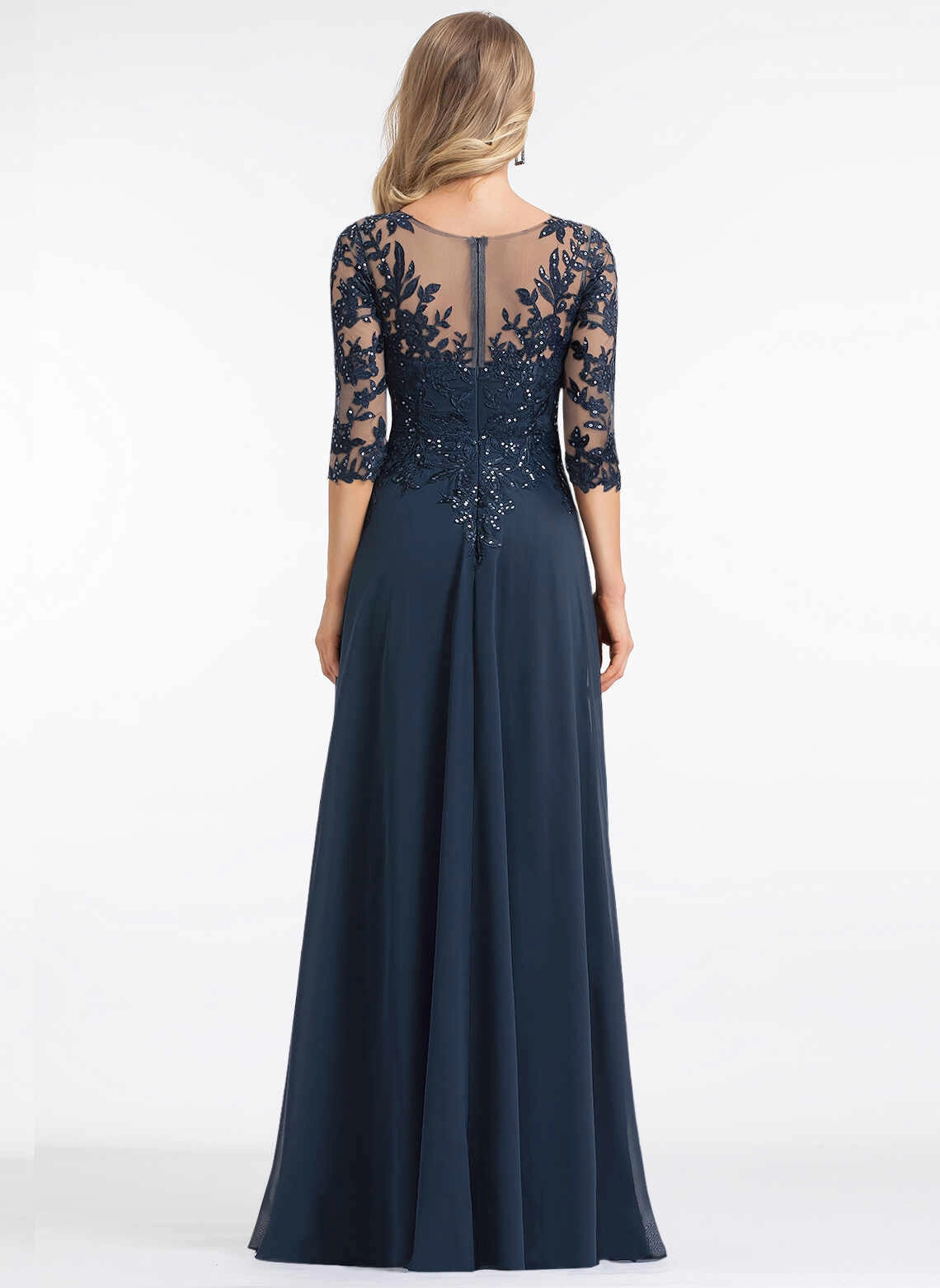Elegant A‑Line V‑Neck 3/4 Sleeve Illusion Back Long Mother Of The Bride Dress