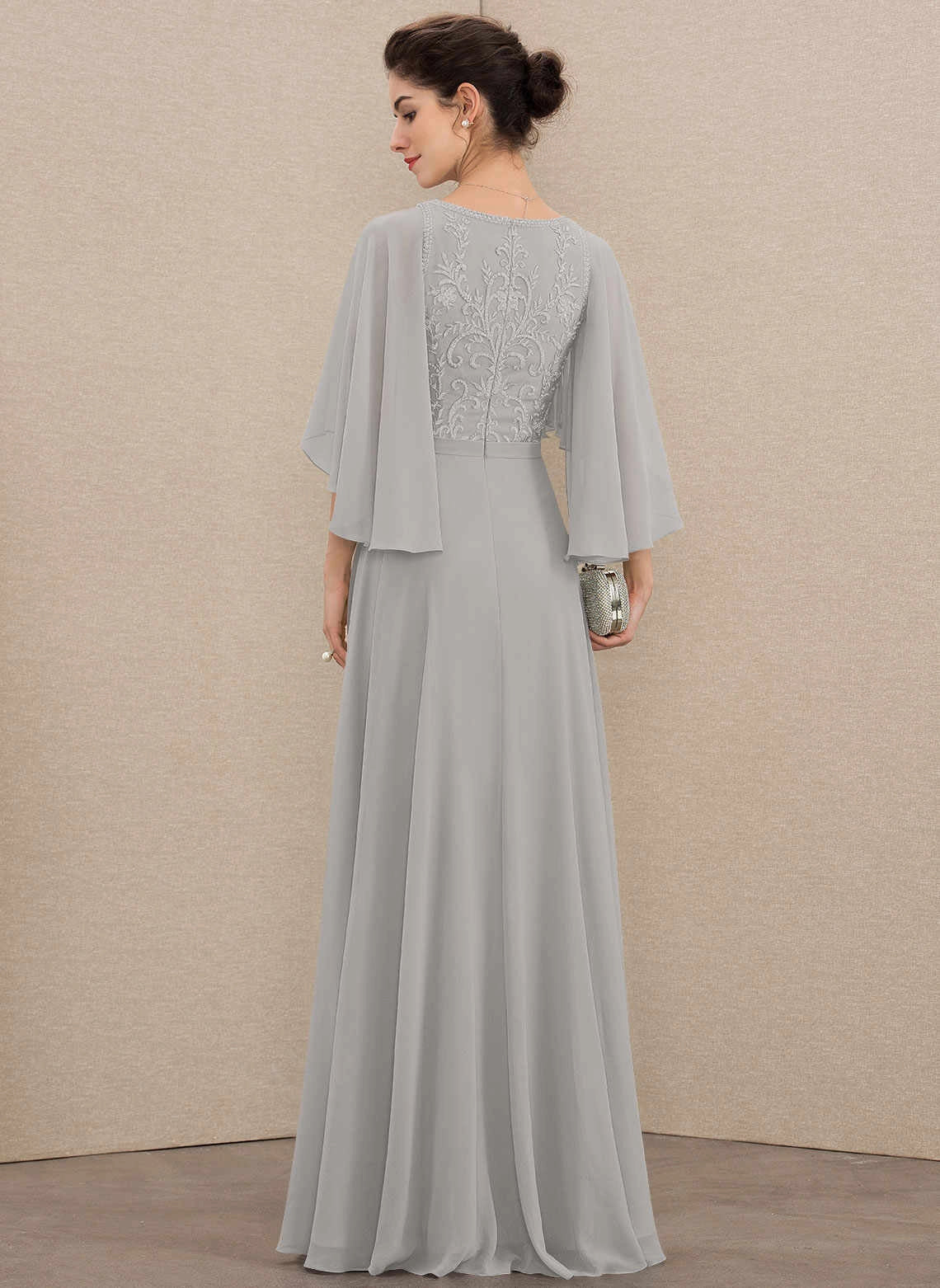 Flowy A‑Line V‑Neck Cape Sleeve Zipper Back Floor‑Length Mother Of The Bride Dress