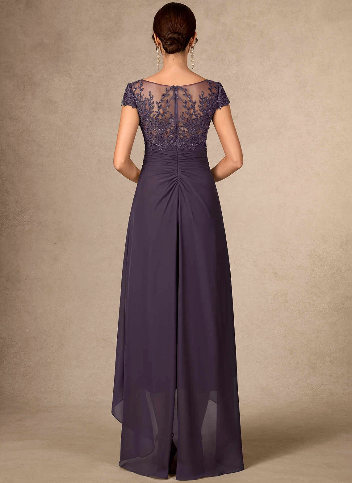 Chic A‑Line V‑Neck Cap Sleeve Ruched High Low Mother Of The Bride Dress