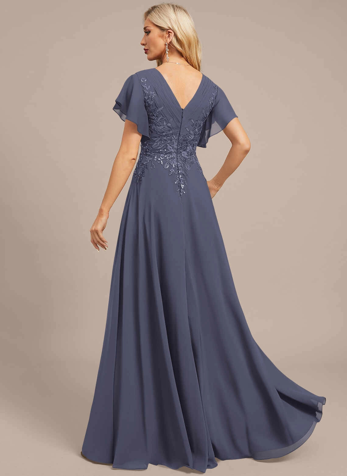 Classic A‑Line V‑Neck Flutter Sleeve V‑Back Long Mother Of The Bride Dress