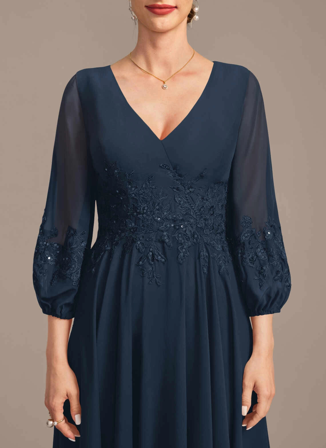 Graceful A‑Line V‑Neck Puff‑Sleeve Zip‑Back Floor‑Length Mother Of The Bride Dress