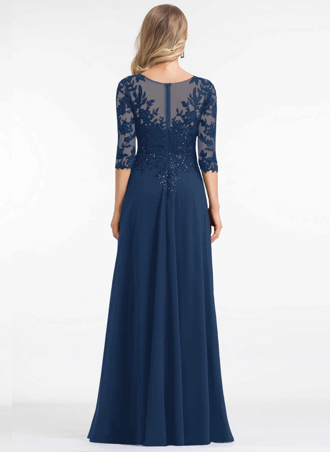 Vedress Illusion Mesh Back Sequin Chiffon Long Evening Gown Back View